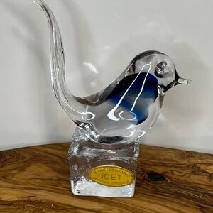 Vintage ICET ARTE MURANO Art Glass Blue Bird Figurine Venezuela Sticker 4”